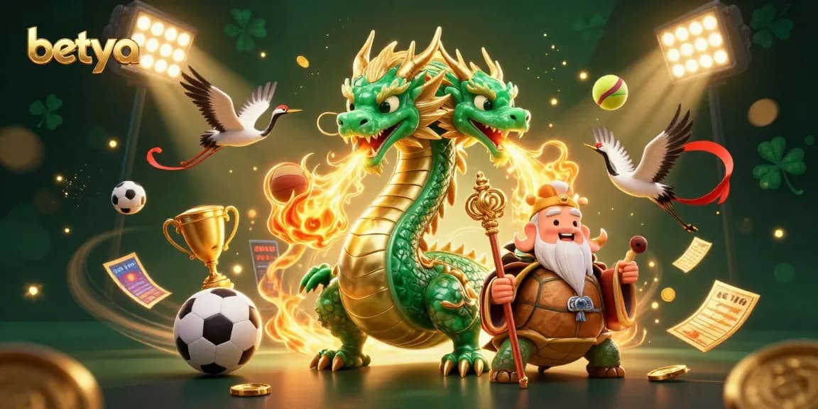 Betya gaming scene featuring an emerald dragon and a lucky crane with dynamic sports elements.
