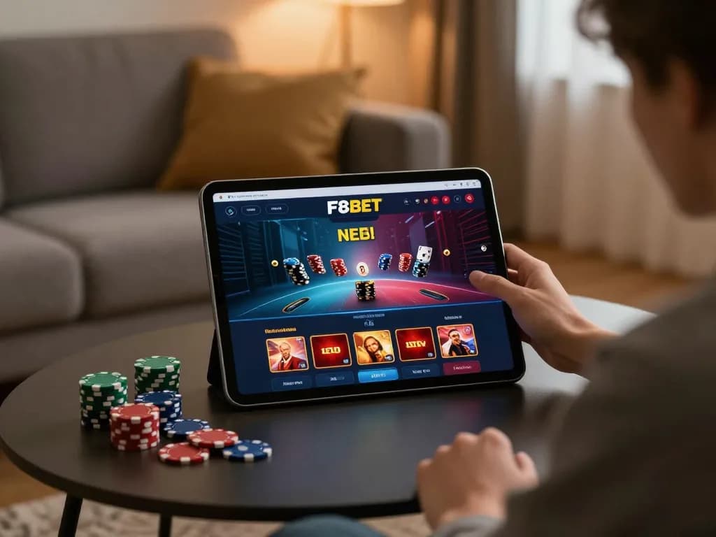 F8BET online casino gaming on tablet, showcasing a player diving into betting adventures at home.