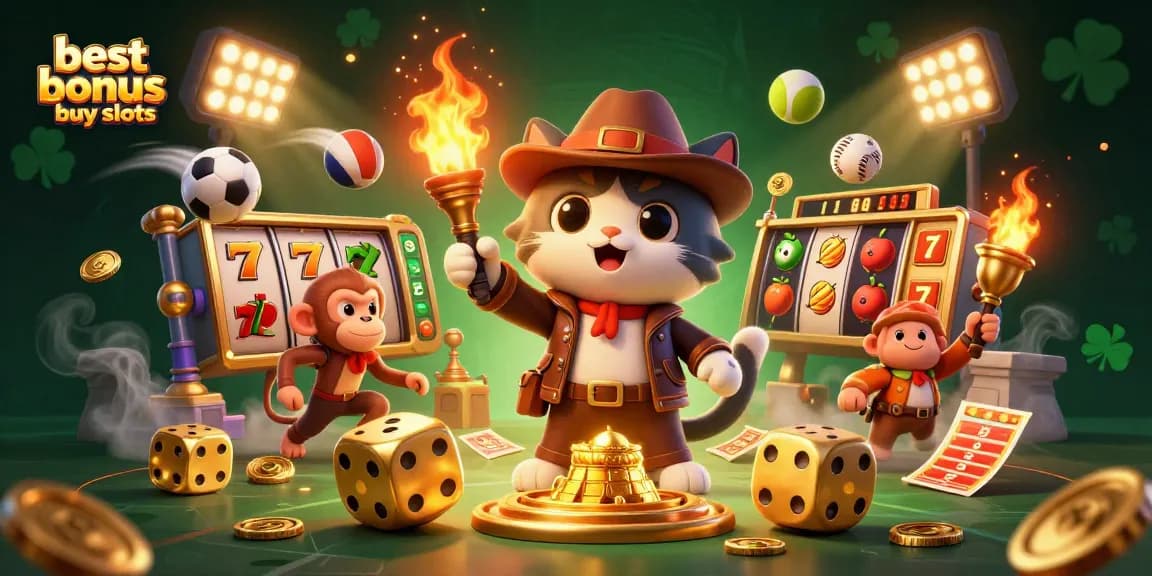 Explore the best bonus buy slots with a dynamic scene featuring a cat archaeologist and casino elements.
