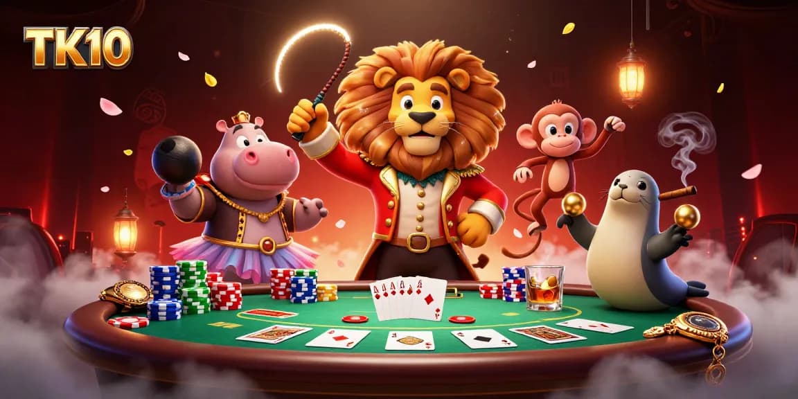 Experience thrilling poker action at TK10 with a fun 3D circus scene.