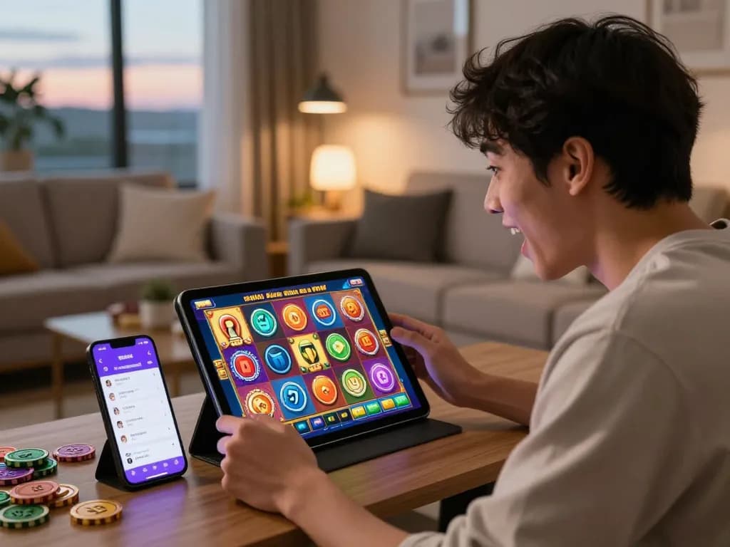 Pemain berinteraksi dengan permainan link slot gaco yang cerah di tablet dalam suasana ruang tamu yang nyaman.