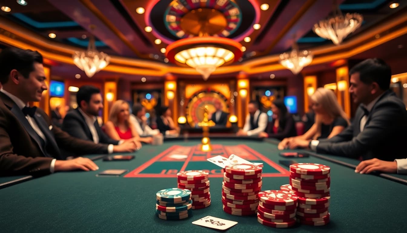 Engaging casino scene at nhà cái XX88 featuring poker chips, cards, and an elegant roulette wheel.