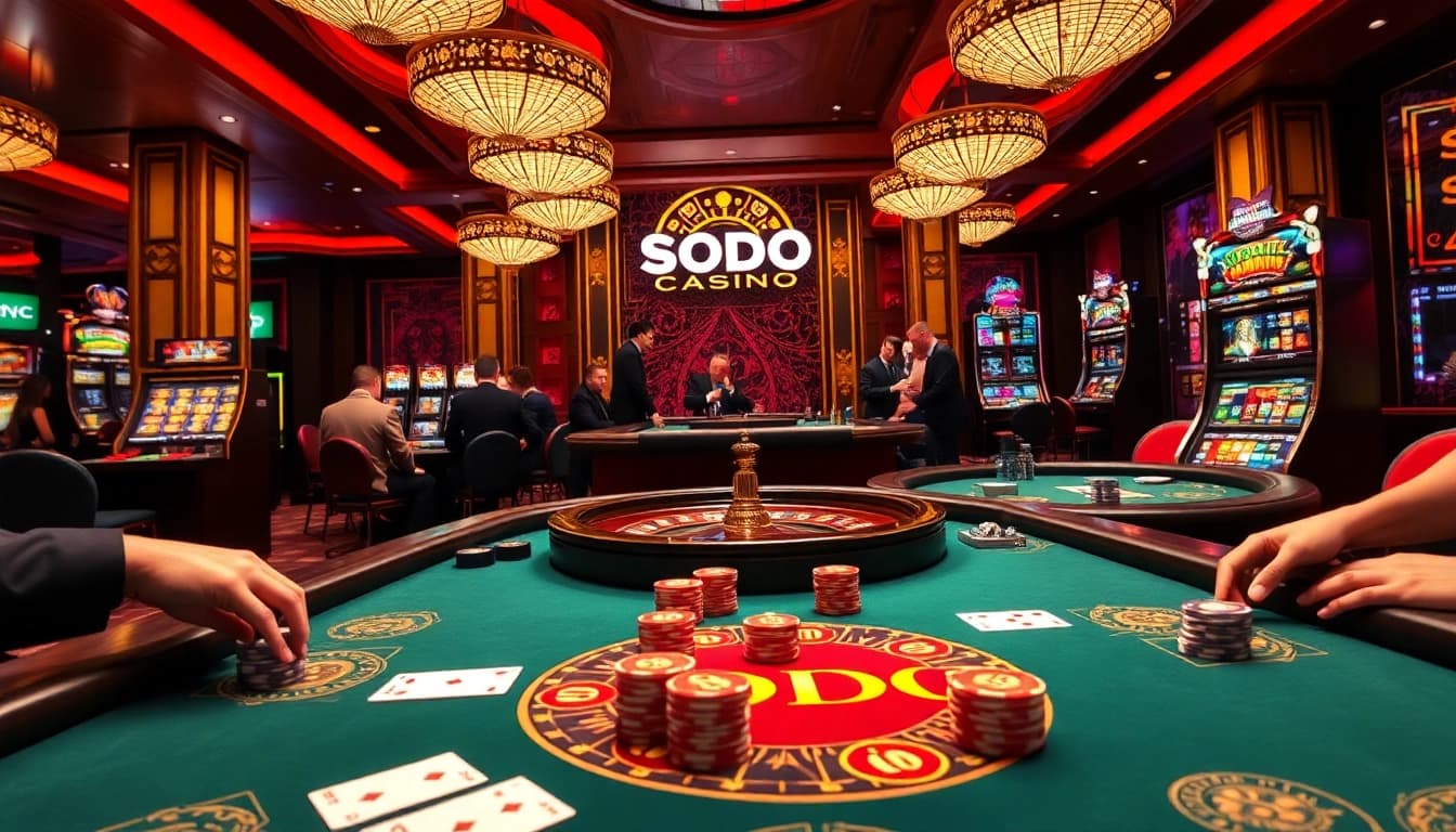 SODO CASINO showcasing vibrant poker tables, roulette wheel, and players engaged in exciting gambling.