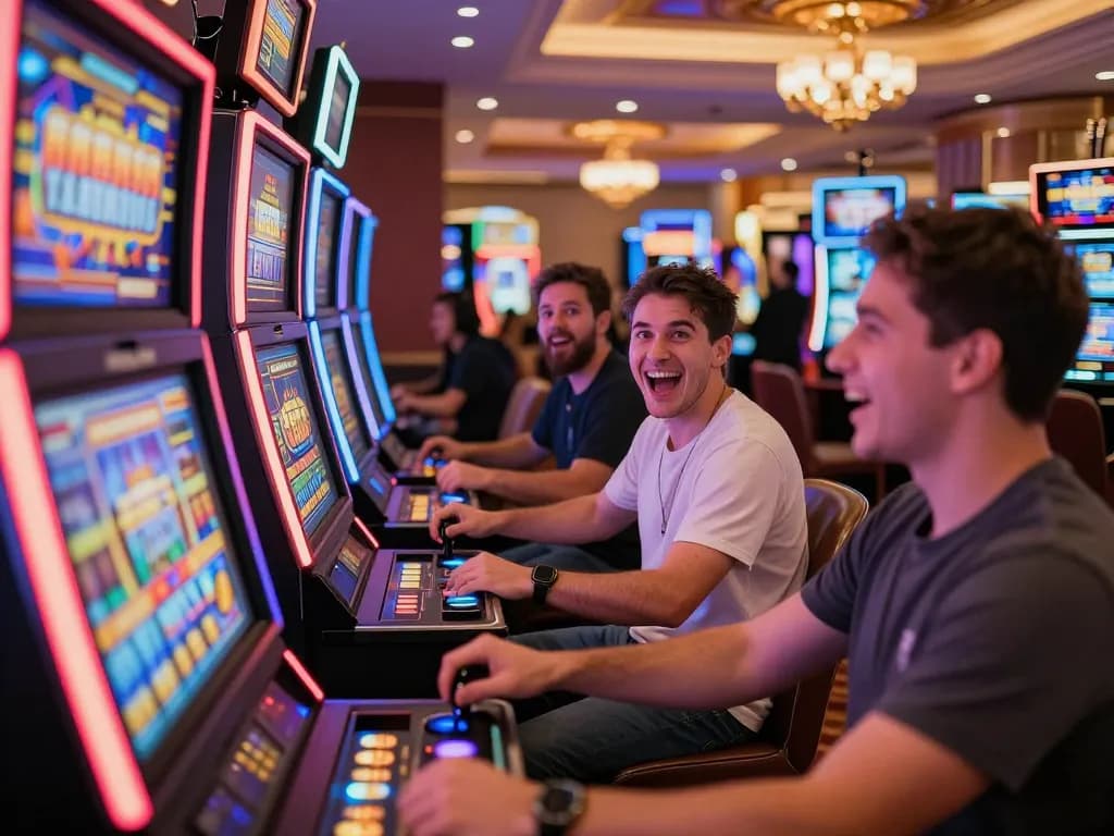 Players engaging with vibrant slot online machines in a bustling casino atmosphere.