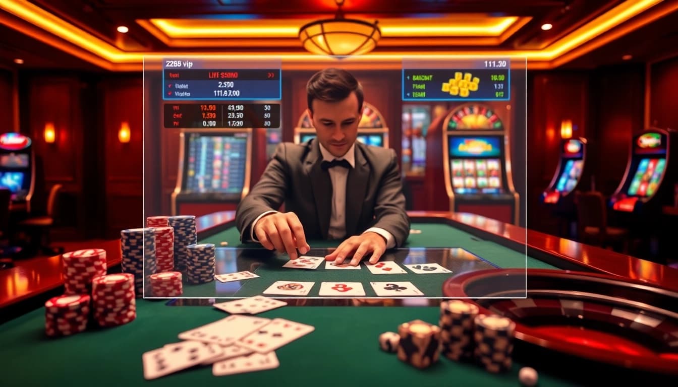 Professional gambler placing bets on hz88 vip with poker chips and digital casino interface