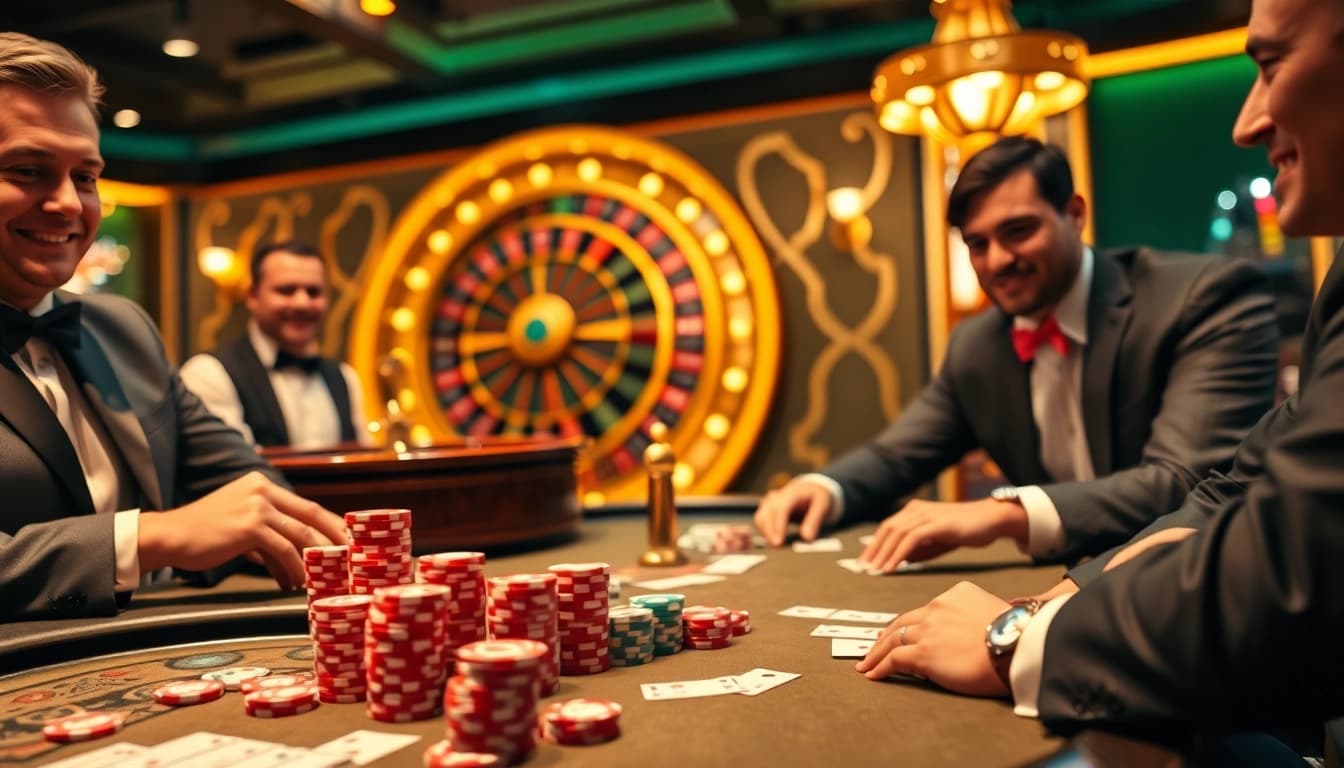 SODO CASINO players enjoying an exciting game of poker with colorful chips and warm atmosphere.