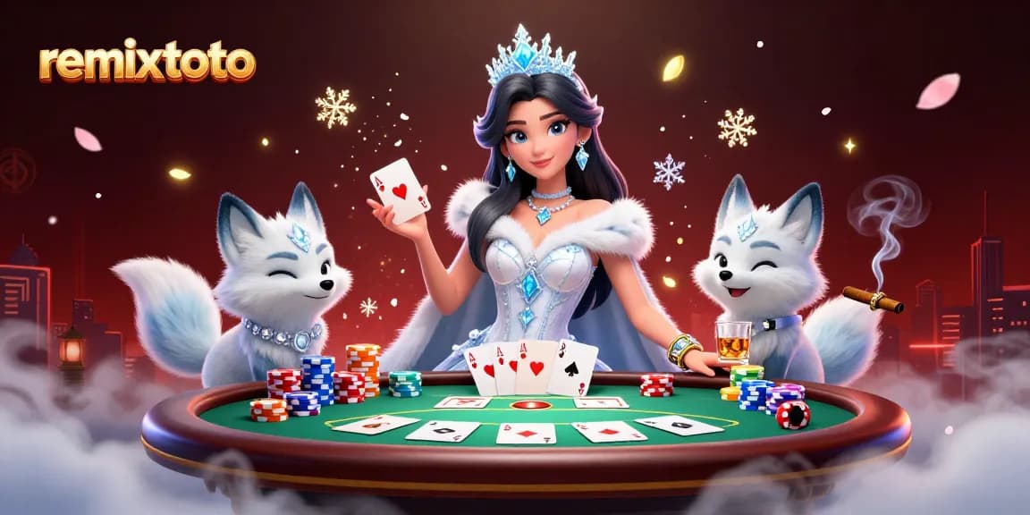 Engage with remixtoto at this vibrant scene showcasing a winter-themed poker game, melding elegance with gaming.