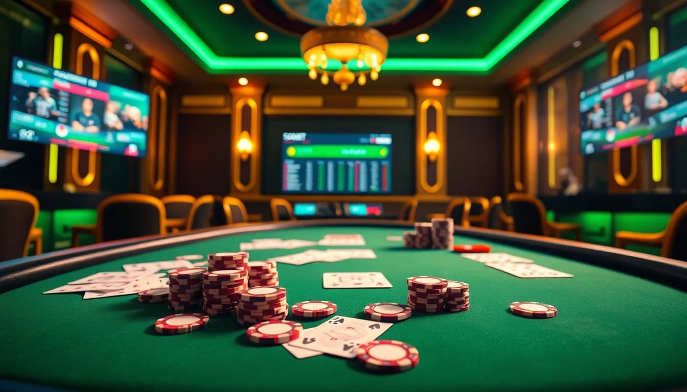 Engaging sbobet link alternatif betting scene features poker table, chips, and digital betting slips.