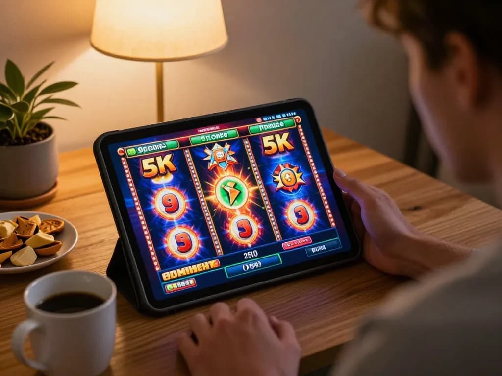 Engaging slot 5k gameplay on a tablet at home, showcasing colorful machines and casual ambiance.