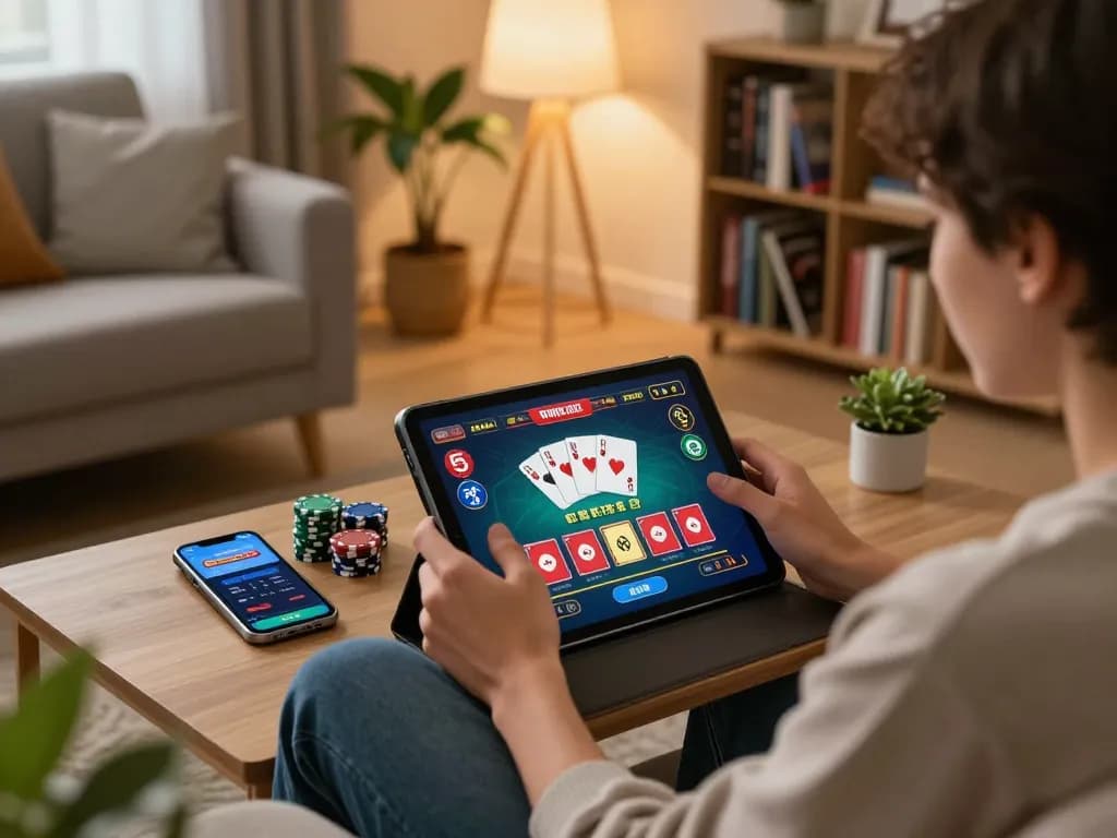 The user engages with tg88 gambling casino app on a tablet in a cozy living room.