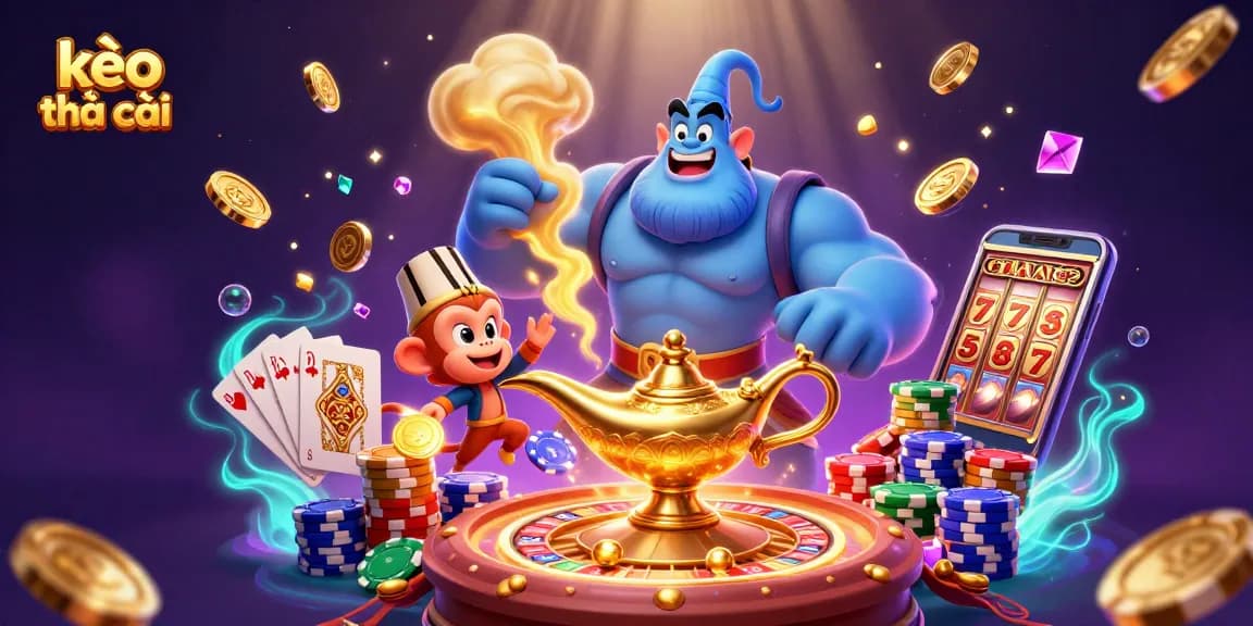 Bet on kèo nhà cái with a vibrant casino scene featuring a genie, monkey, and poker chips.
