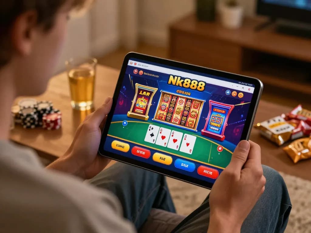 Engaging online casino gameplay on Nk888 with player intensely focused on tablet screen, showcasing strategic betting.