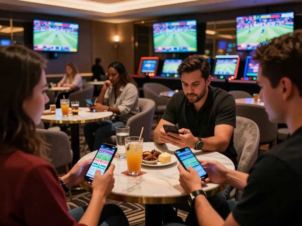 Patrons analyzing betting strategies at cm88 sports lounge with multiple screens
