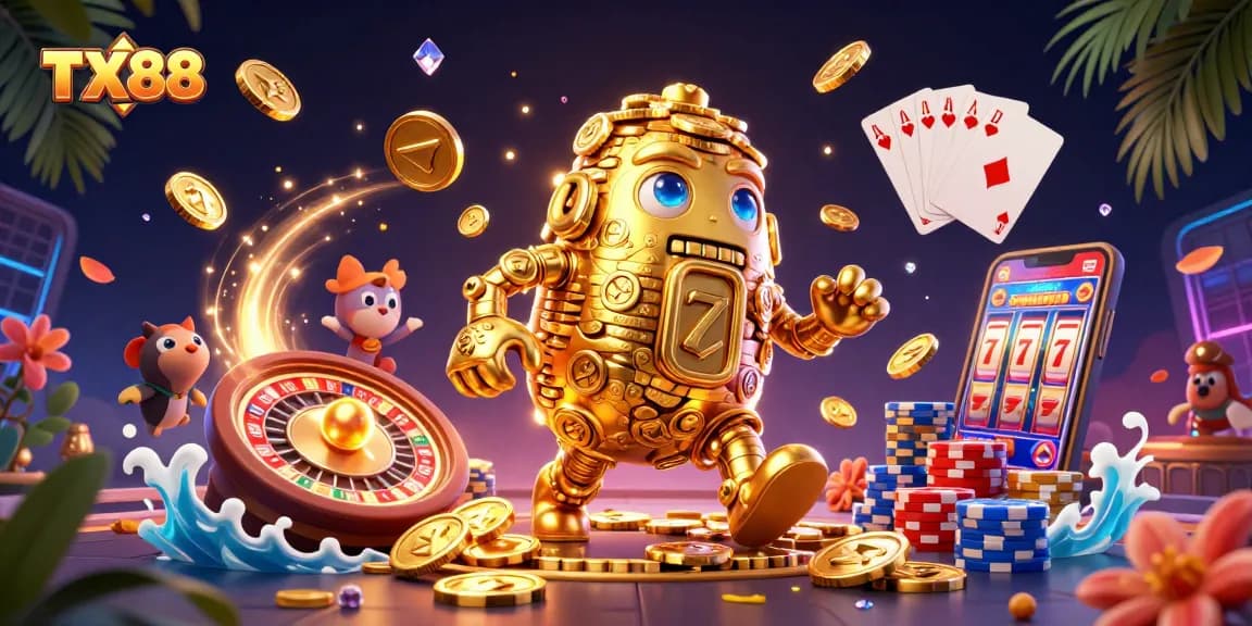 Experience the excitement of TX88 with vibrant casino elements and a dynamic golden golem.
