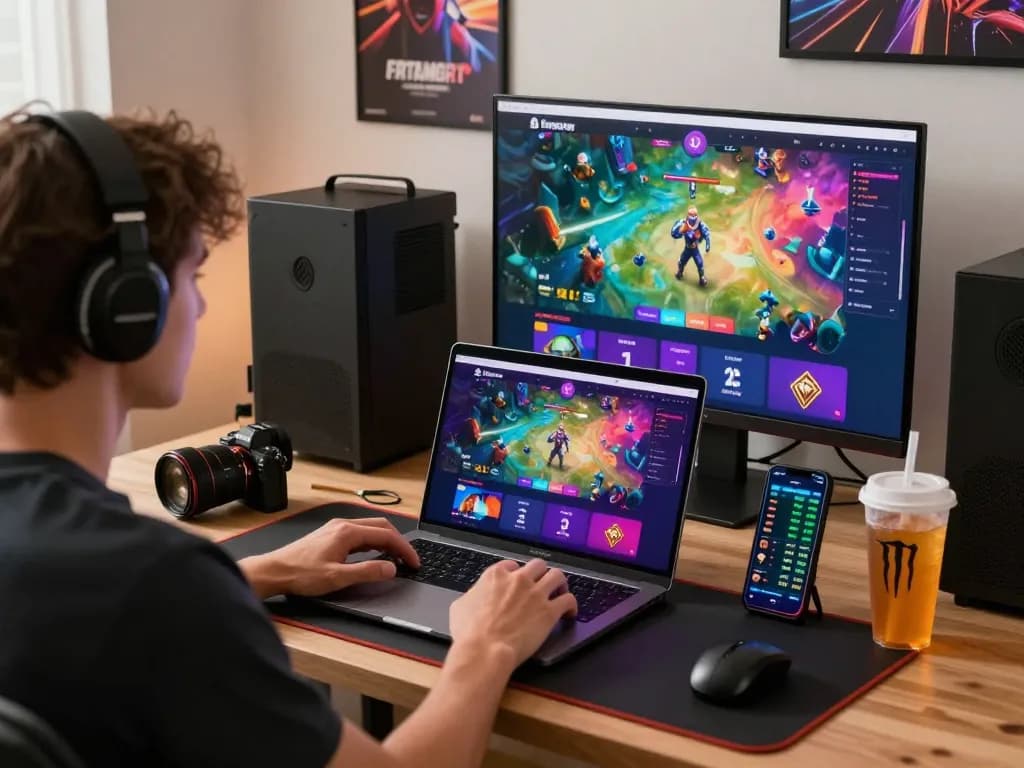 Engaged user on sun win platform in a vibrant home office, showcasing online entertainment.