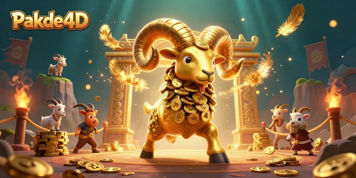Engage with Pakde4D as the golden ram charges through a dynamic gaming arena filled with vibrant elements.