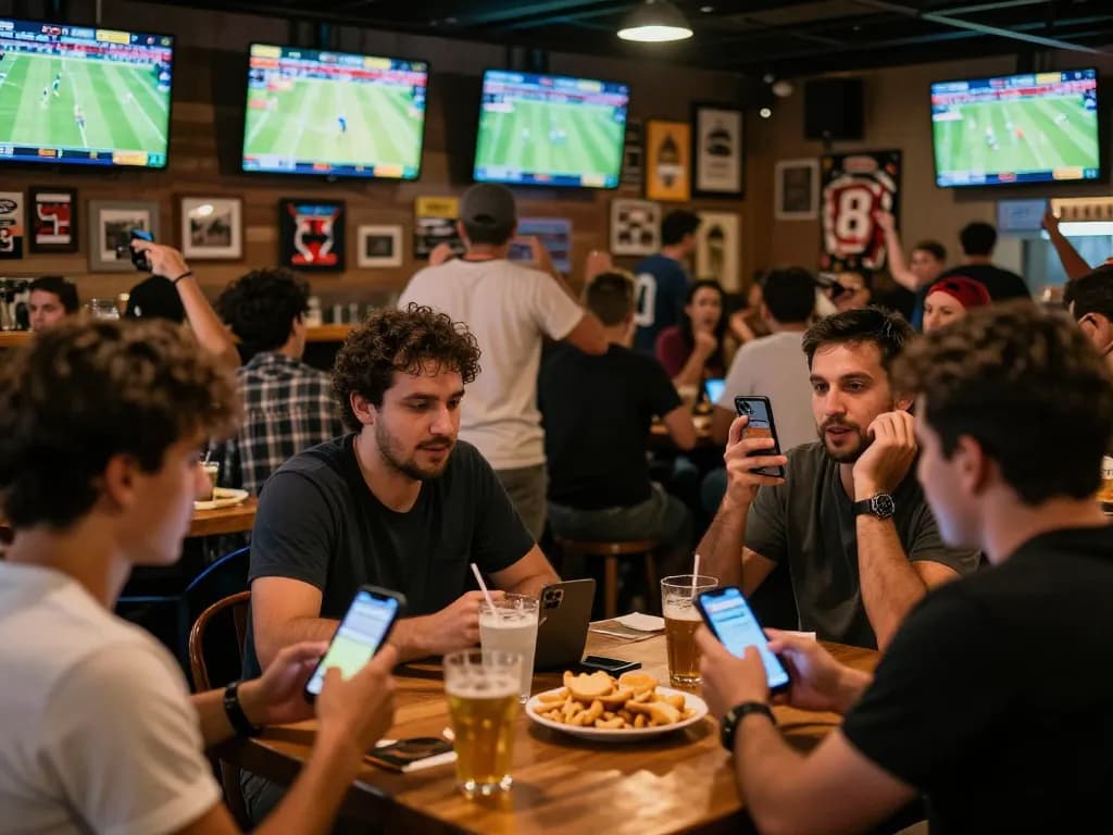 Patrons actively placing bets on 388bet at a vibrant sports bar, watching live games on screens while enjoying drinks.