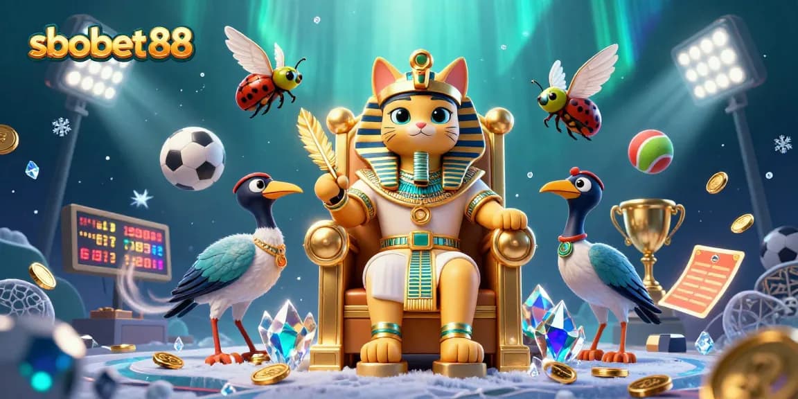 Bet on sbobet88 with a 3D cartoon pharaoh cat and sports elements in a vibrant casino scene.