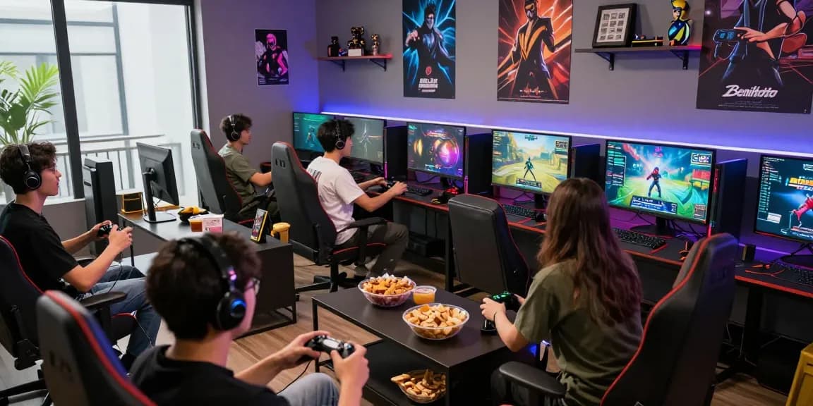 Benihtoto gaming group enjoying a competitive match in a vibrant room with snacks and posters.