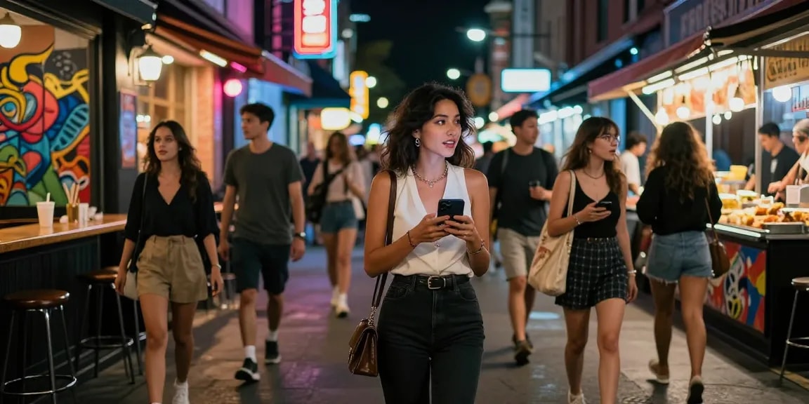 Gái gọi đang giao tiếp sôi nổi trên phố đêm sôi động với ánh đèn neon.