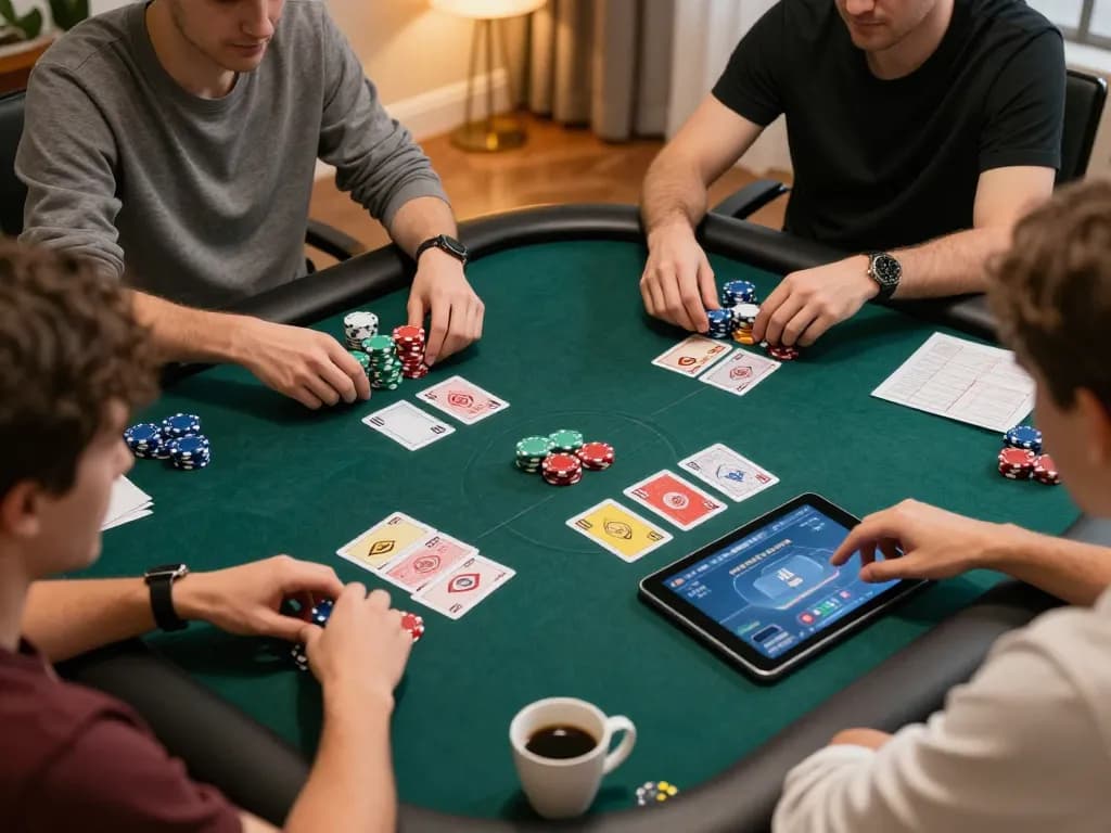 nk88 players strategizing over an online poker game at home with chips and notes