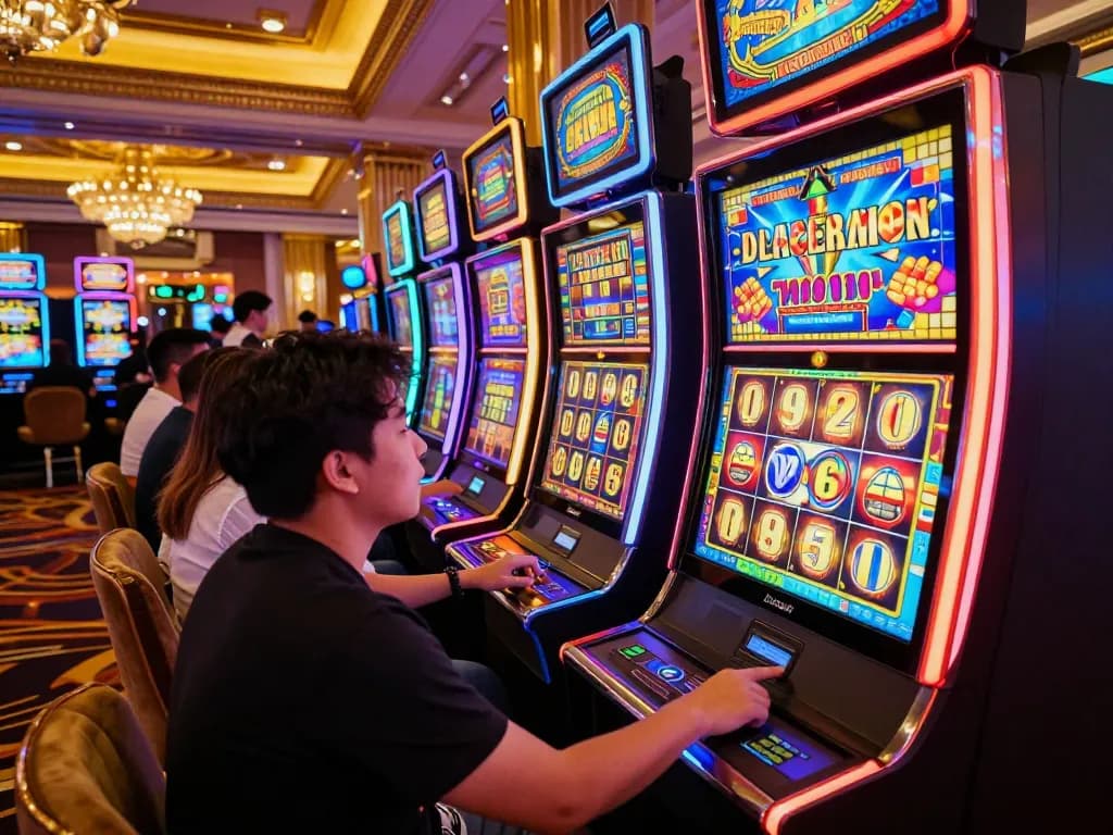 Players enjoying slot gacor games surrounded by bright lights and excitement in a luxury casino atmosphere