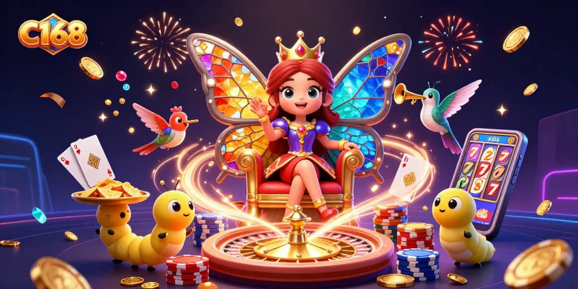C168 engages players with a vibrant 3D cartoon scene featuring whimsical elements and casino excitement.