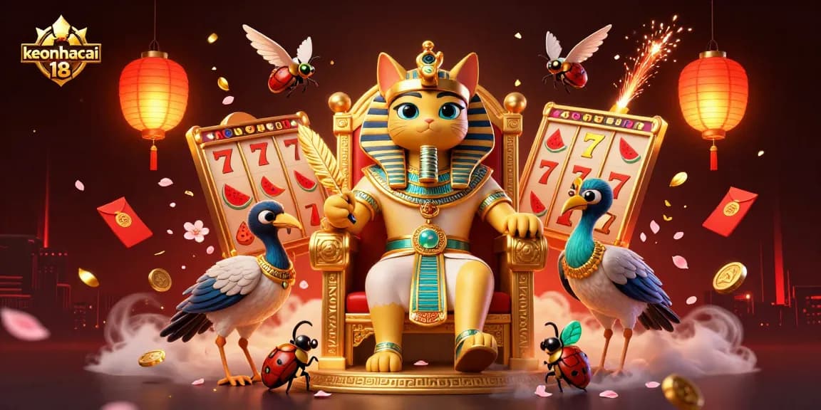 Engaging scene showcasing keonhacai 18 with an Egyptian pharaoh cat, slot reels, and festive elements.