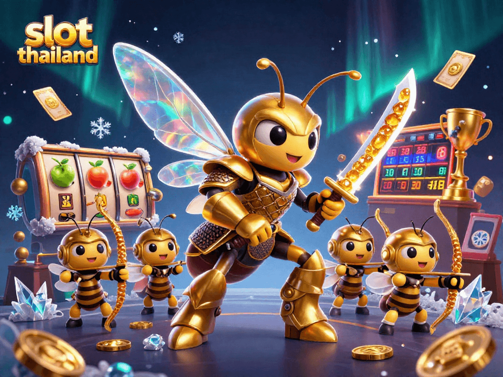 Engage with slot thailand in this vibrant casino scene featuring golden hornet warriors and dynamic gaming elements.