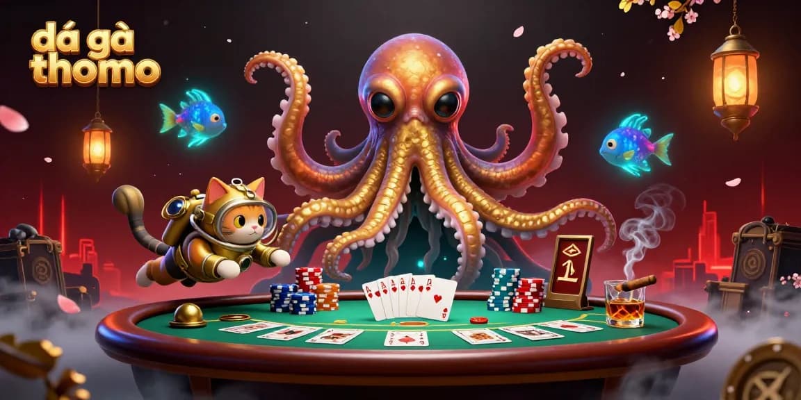 Experience exciting đá gà thomo action with a kraken and a diving cat surrounded by poker elements.