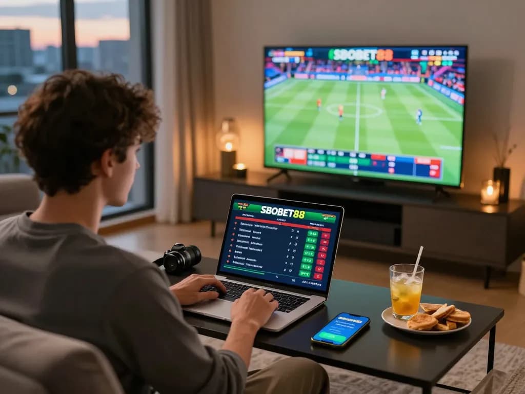 Engaging user placing live bets on SBOBET88 in stylish living room setting.