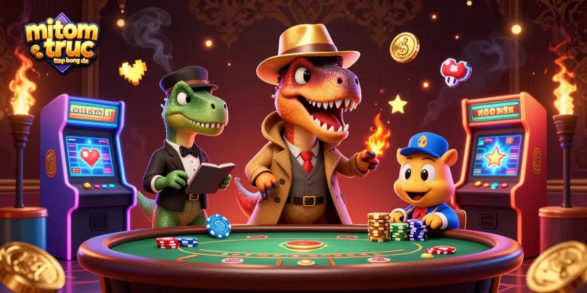 Experience high-stakes excitement with "mitom truc tiep bong da" as cartoon dinosaurs engage in thrilling casino antics.