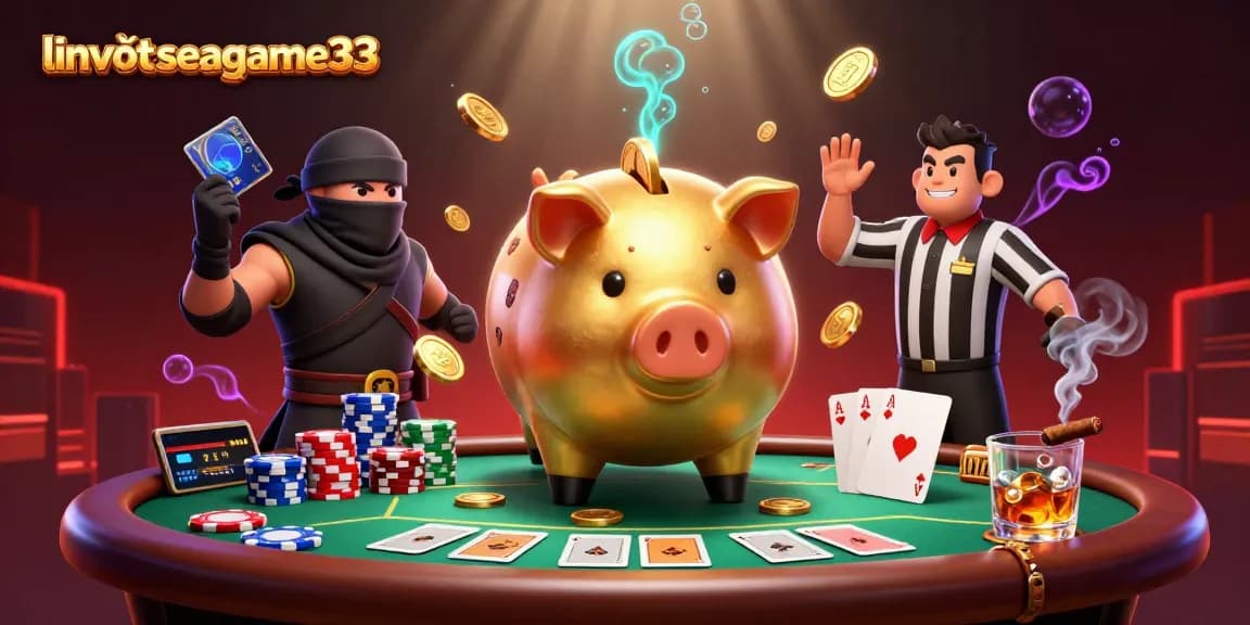 Experience the thrill of linhvậtseagame33 with animated characters at a vibrant poker table.
