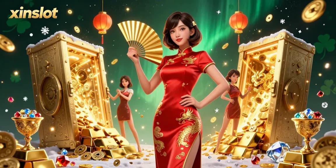 XINSLOT offers an exhilarating experience with vibrant visuals, showcasing a confident player amidst cascading gold coins and lucky symbols.