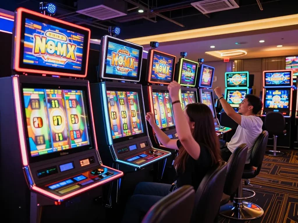 Pemain menikmati mesin slot yang menarik dengan gulungan berwarna-warni di suasana kasino yang ramai.