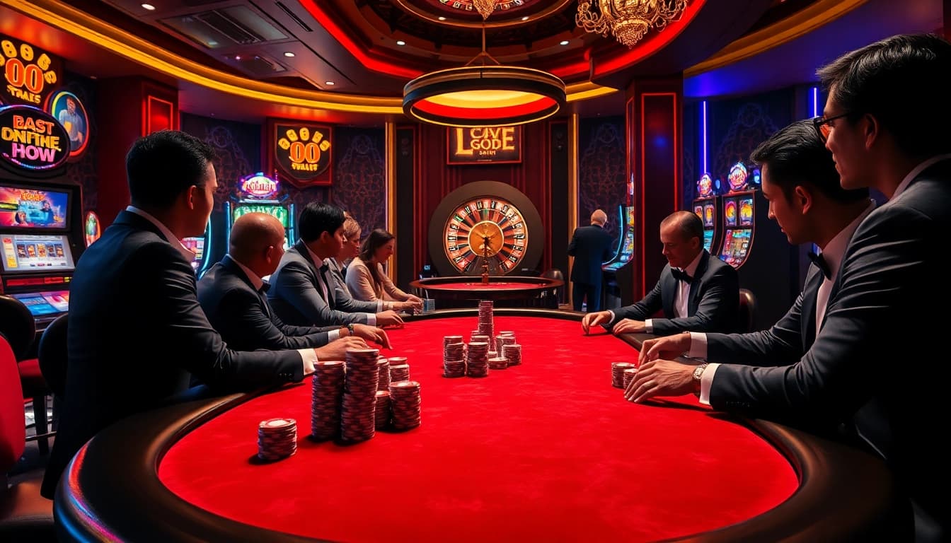 Experience the thrill of LC88 with a glamorous casino atmosphere featuring poker tables and roulette wheels.