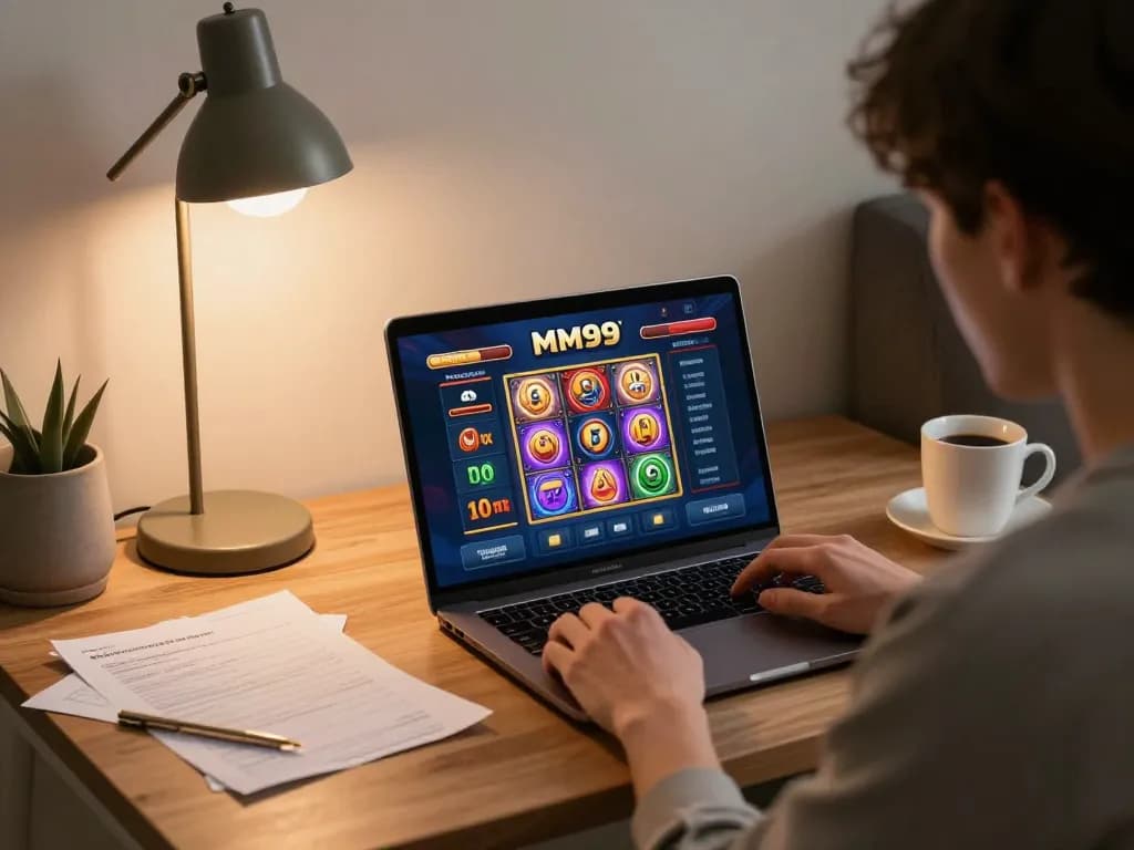Engaged user strategizing on MM99 Slot during a cozy home gaming session
