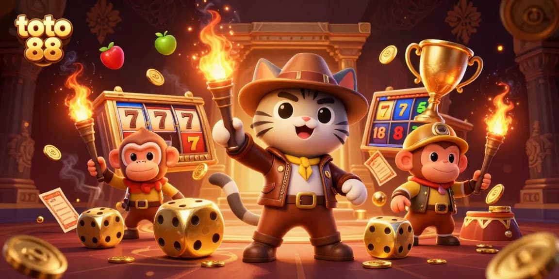 Experience thrilling gameplay with toto 88 as a cartoon explorer discovers a gold artifact amid exciting slot elements.
