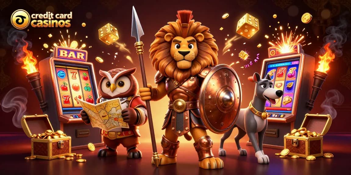 Experience the excitement of credit card casinos with a dynamic 3D illustration of a Spartan lion, an owl strategist, and a greyhound messenger.