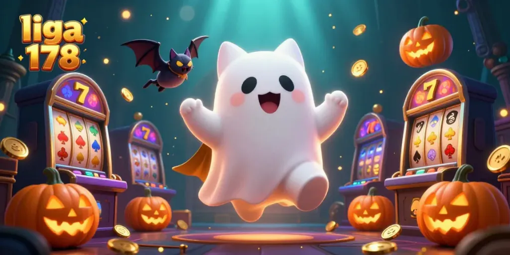 Gambarlah liga 178 dalam suasana kasino dengan hantu kucing dan elemen slot yang menarik.