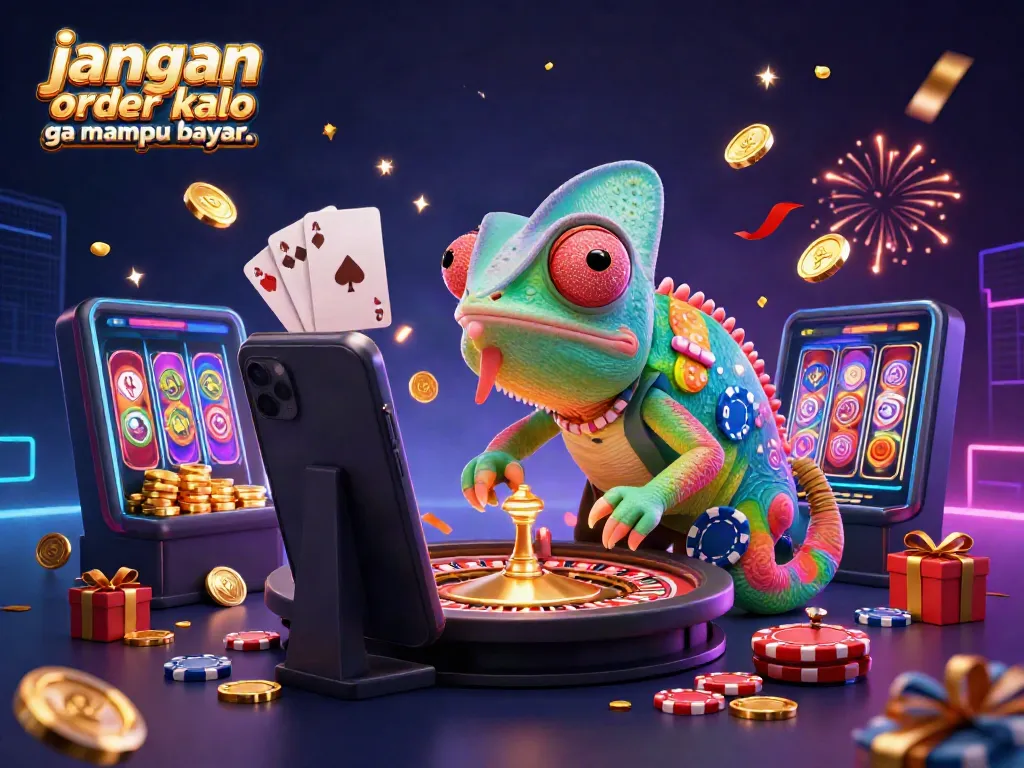 Engage in thrilling 3D casino action with 'jangan order kalo ga mampu bayar..' featuring vibrant games and golden coins.