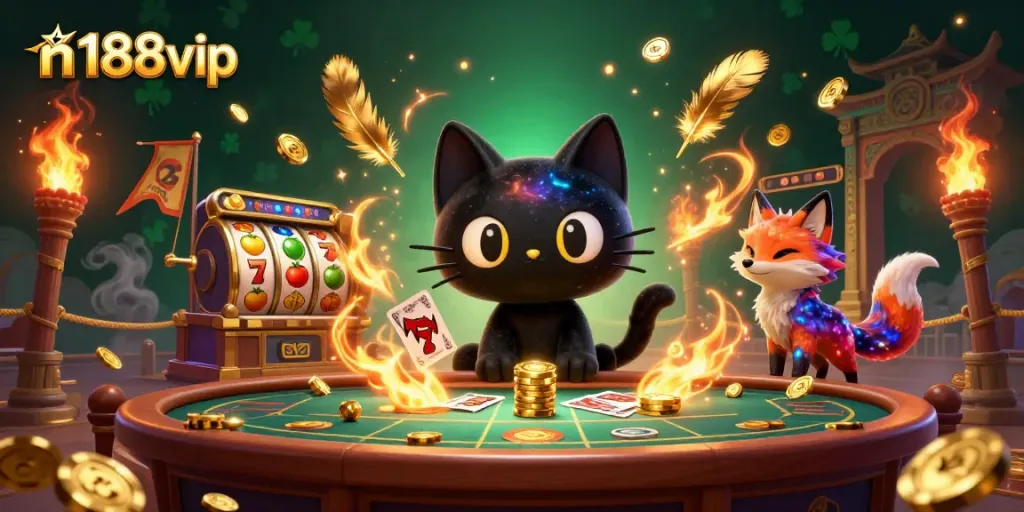 Engage in gaming action at n188vip with a cosmic casino scene featuring vibrant characters and jackpot excitement.
