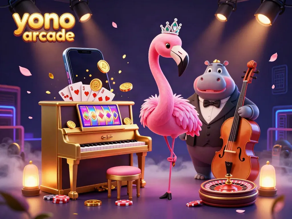 Engage with yono arcade's vibrant gameplay in this lively 3D casino scene featuring flamingo and hippo characters.