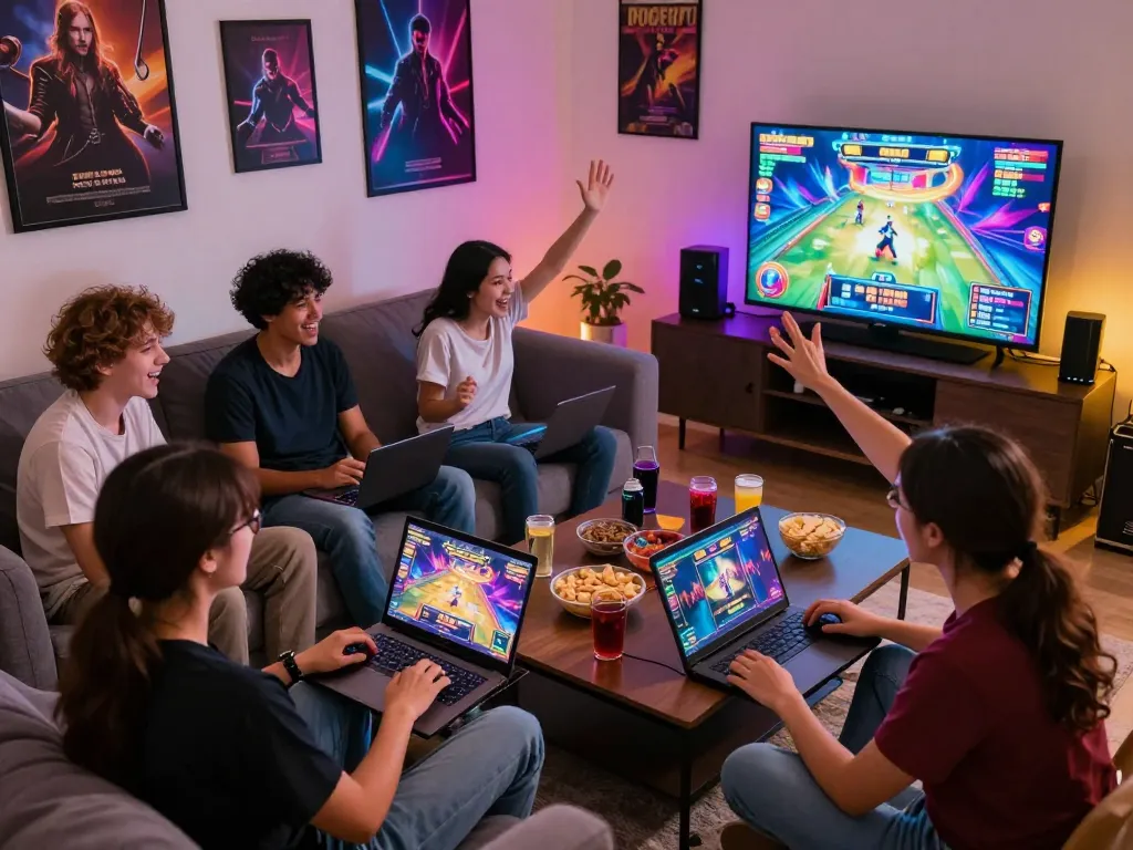Exciting group of friends enjoying slot gacor games together in a vibrant gaming atmosphere.