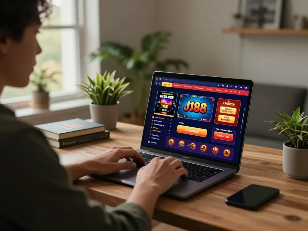Player enjoying J188 online casino games on a laptop in a stylish home office setup.