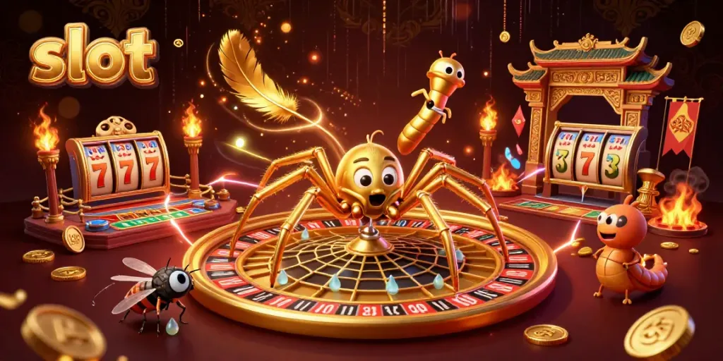 Slot menampilkan laba-laba emas dan serangkaian elemen kasino dalam ilustrasi 3D yang dinamis.