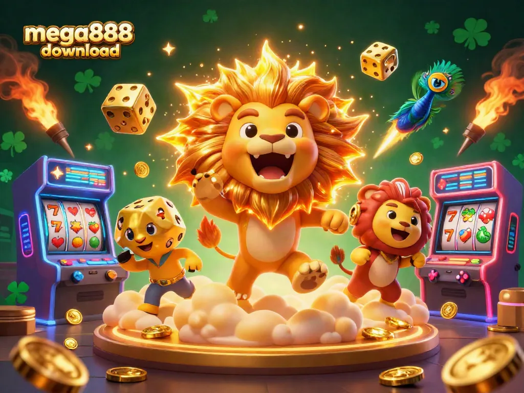 Join the excitement with mega888 download, featuring vibrant 3D casino characters and colorful game elements.