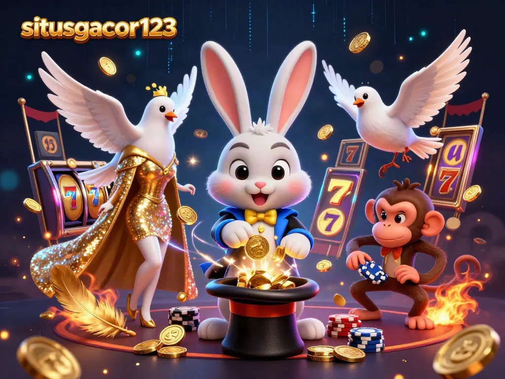 Experience thrilling gameplay with situsgacor123's vibrant 3D illustration featuring a magician rabbit and gaming elements.
