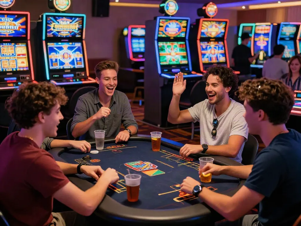 Engaging scene of friends enjoying online gaming at akunjp, showcasing vibrant slot machines and a lively atmosphere.