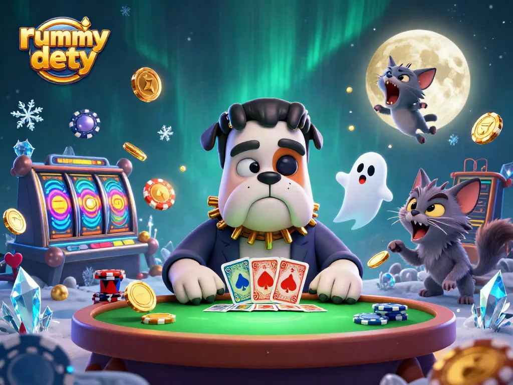 Rummy Deity menyajikan aksi permainan kartu dengan karakter kartun dalam suasana kasino yang ceria.